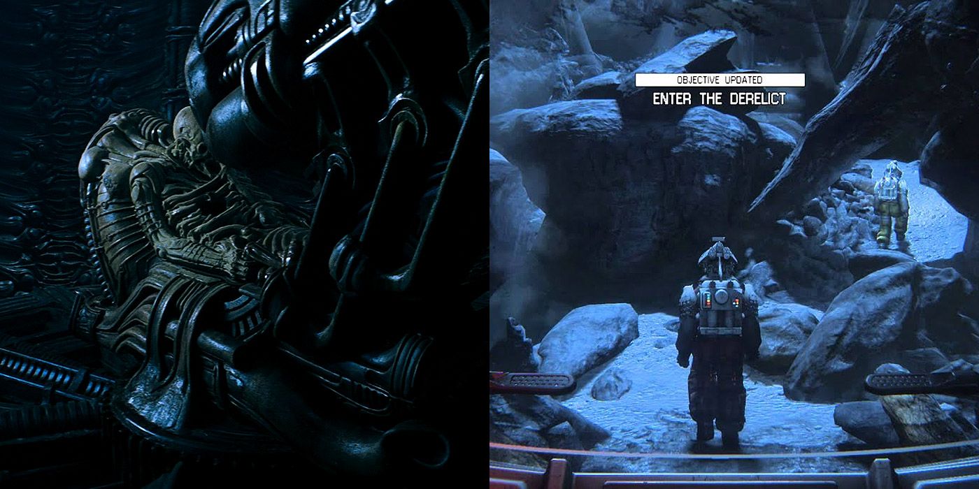 Split image of the Space Jockey from Alien, and a scene from Alien Isolation video game
