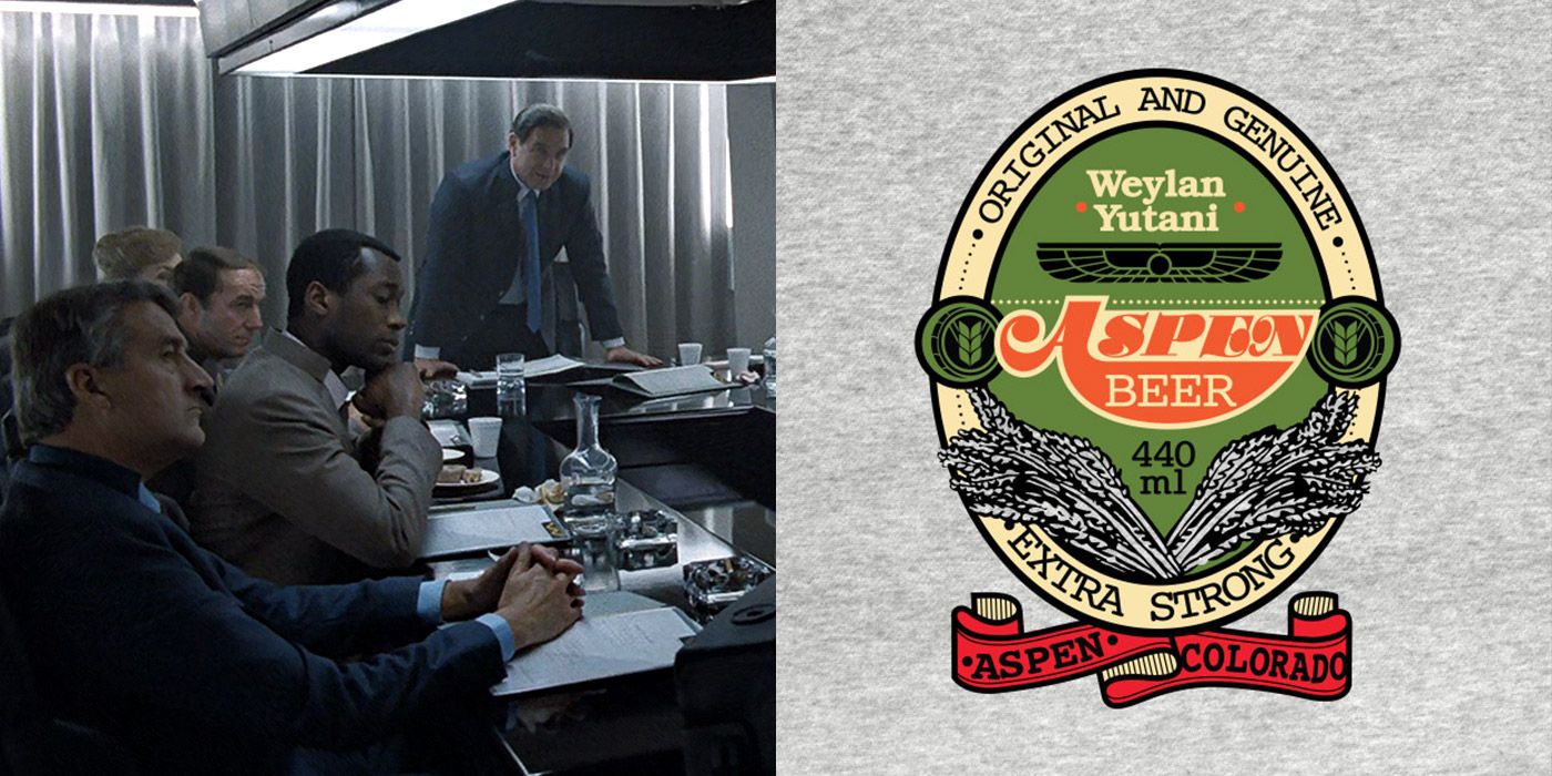 Split image of Weyland-Yutani execs, and a logo for a line of beer