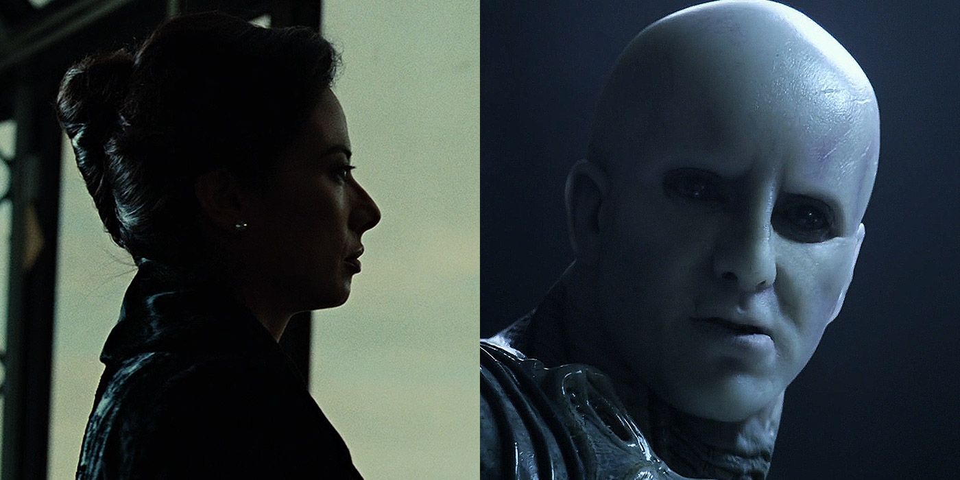 Split image of Miss Yutani from AVP: Requiem, and an Engineer from Prometheus