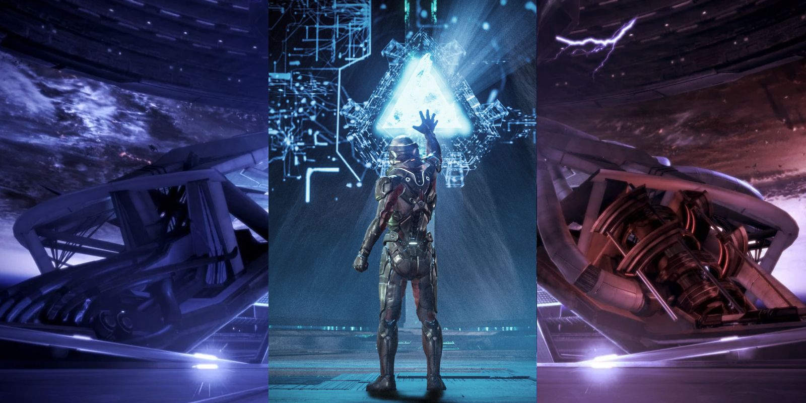 Split image showing the three endings to Mass Effect.