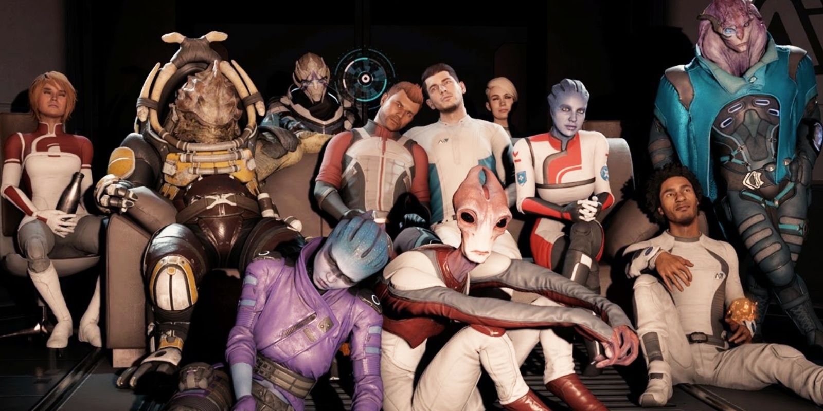 An image of all the Mass Effect characters smiling in a group photo