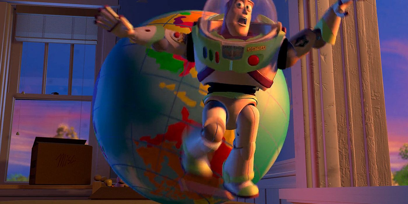 Buzz Lightyear runs from a gigantic globe in Toy Story