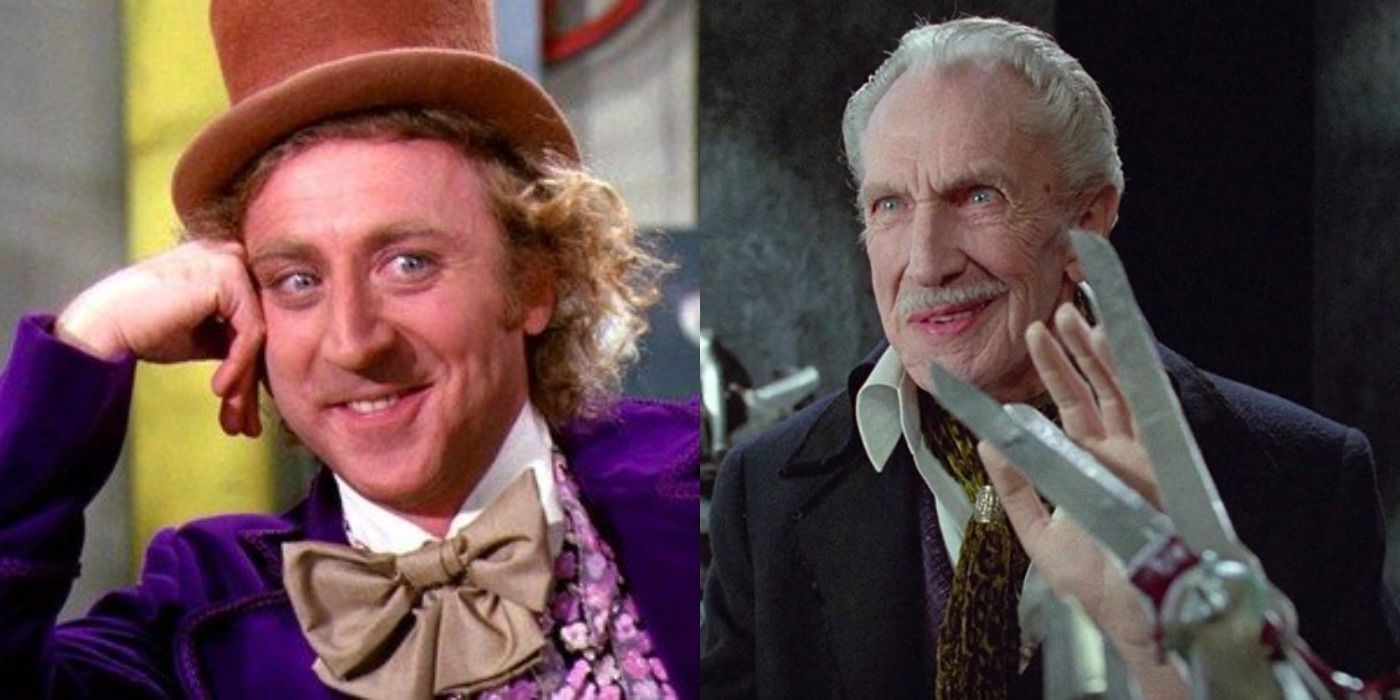 Split image Gene Wilder as Willy Wonka and Inventor (Vincent Price) Edward Scissorhands