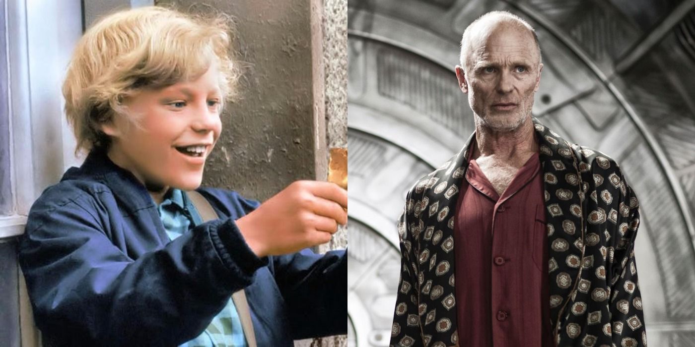 Split image Charlie in Willy Wonka and the Chocolate Factory and Wilford in Snowpiercer 