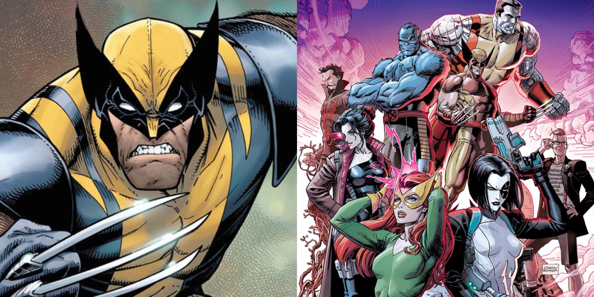 Split image of Wolverine baring his claws and posing with other mutants