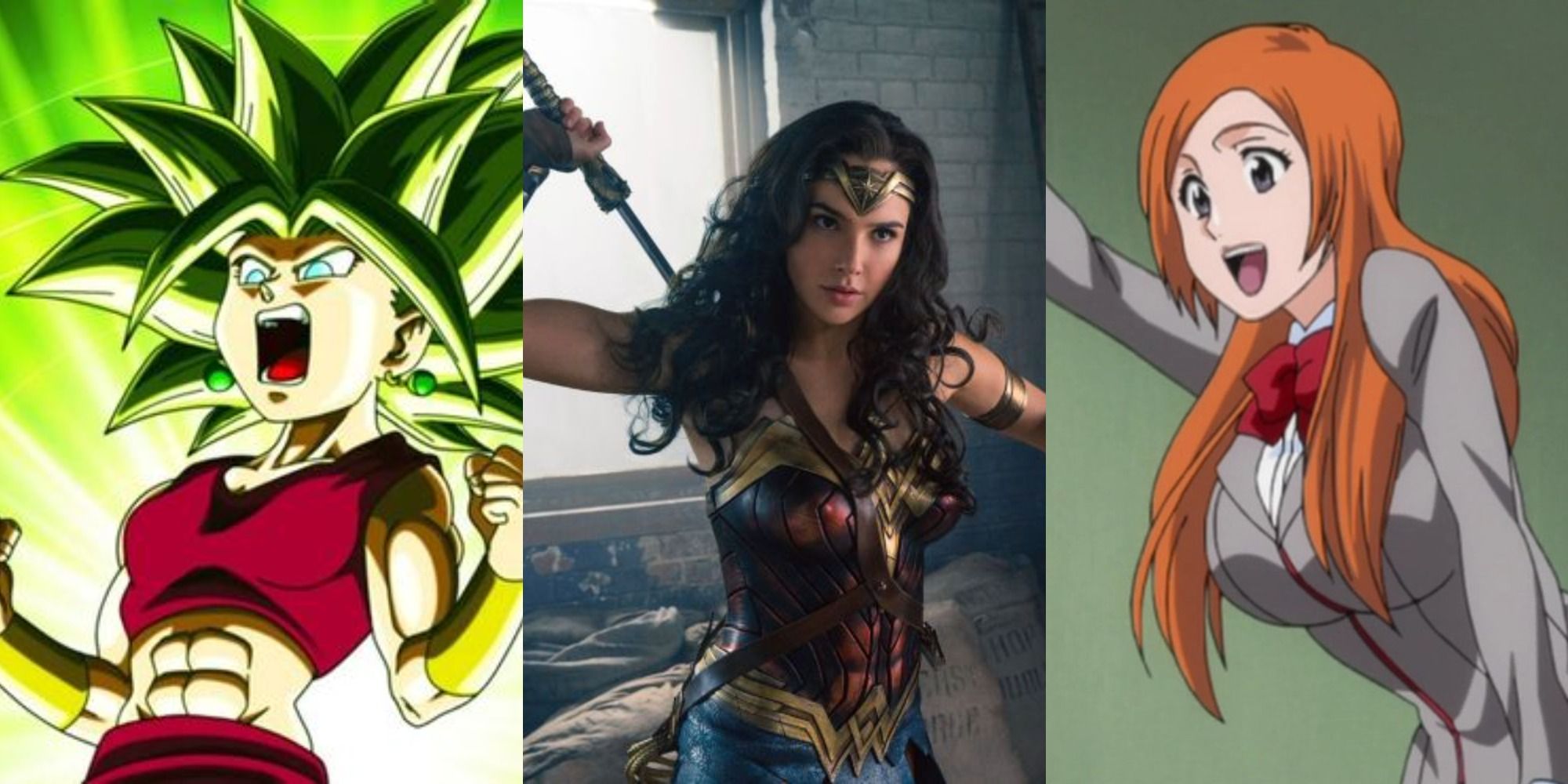Split image of Kefa, Wonder Woman, and Orihime