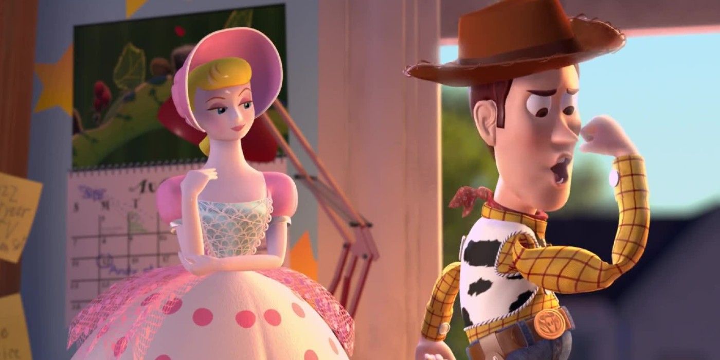 Woody flexing his muscles in front of Bo Peep in Toy Story 2