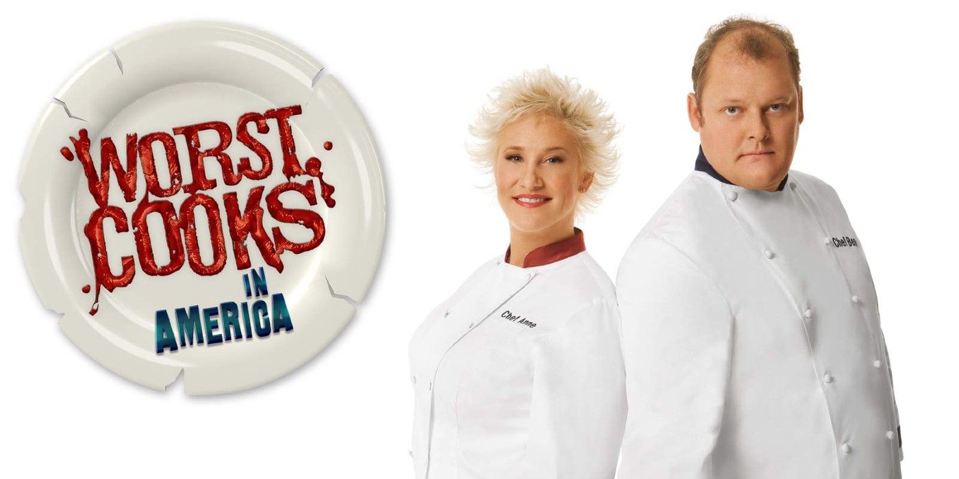 Beau MacMillan and Anne Burrell posing together in their chef's coats on the cover art for Food Network's 'Worst Cooks in America.'