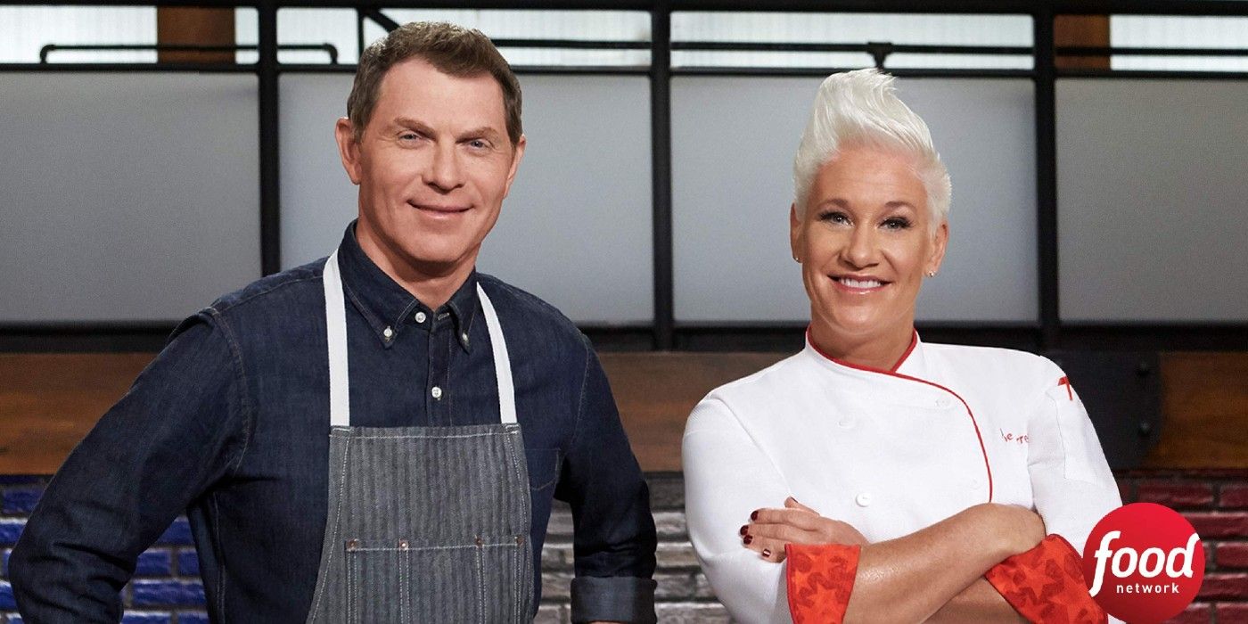 Bobby Flay posing with Anne Burrell for Food Network's 'Worst Cooks in America.'