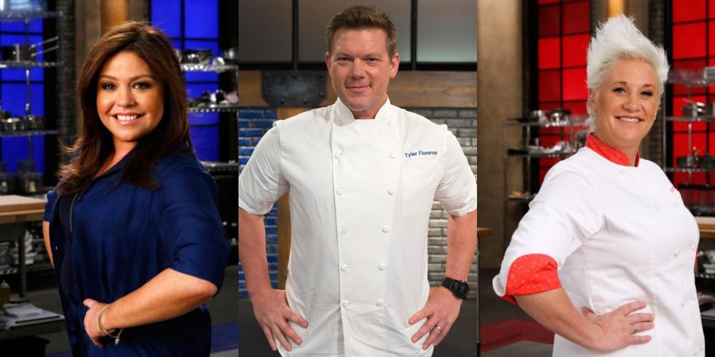 Side by side images of Rachael Ray, Tyler Florence, and Anne Burrell posing in a chef jackets for Food Network's 'Worst Cooks in America.'
