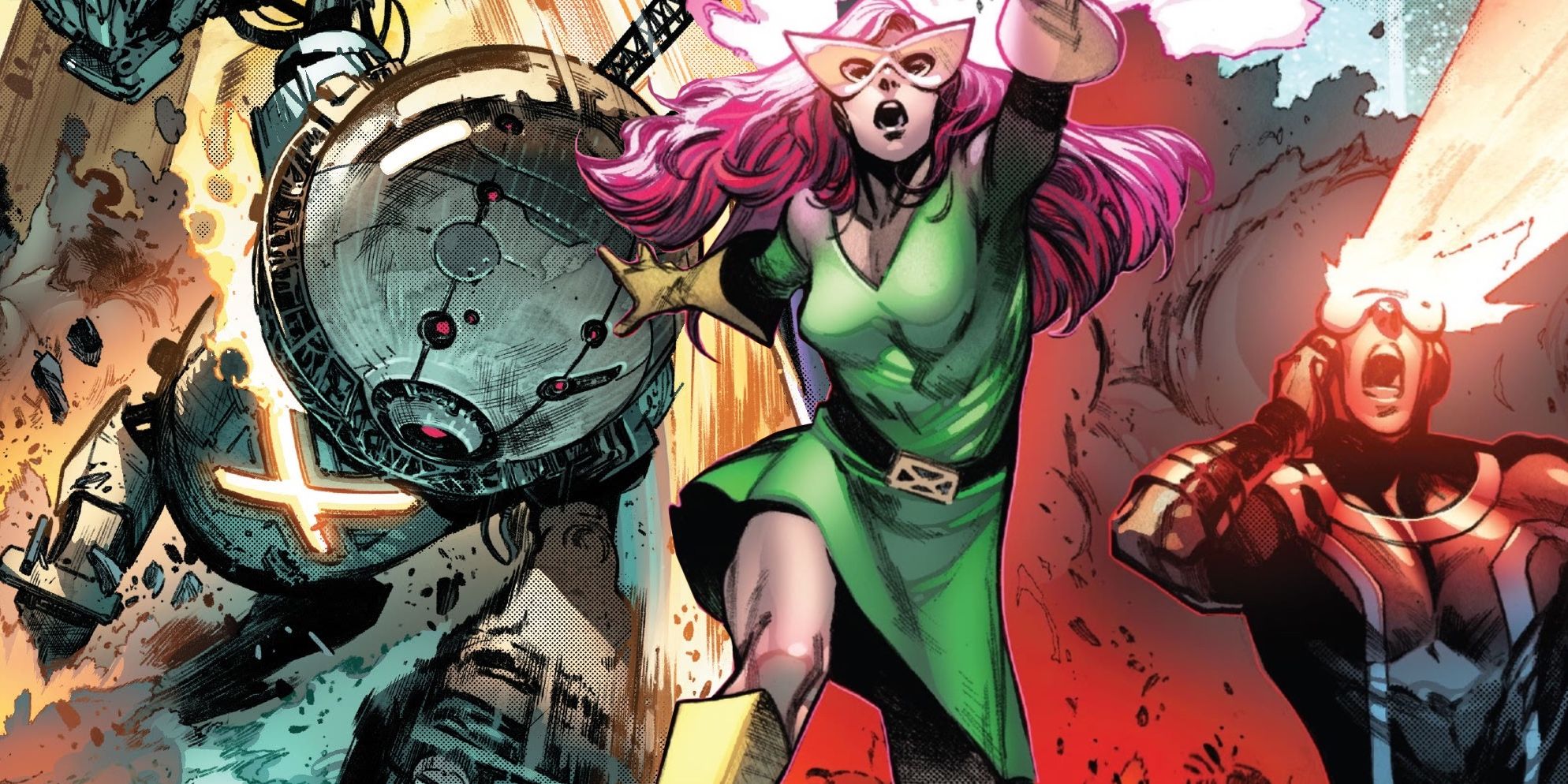 Jean Grey and Cyclops fight alongside the X-Mech in X-Men #1 (2021) comic.