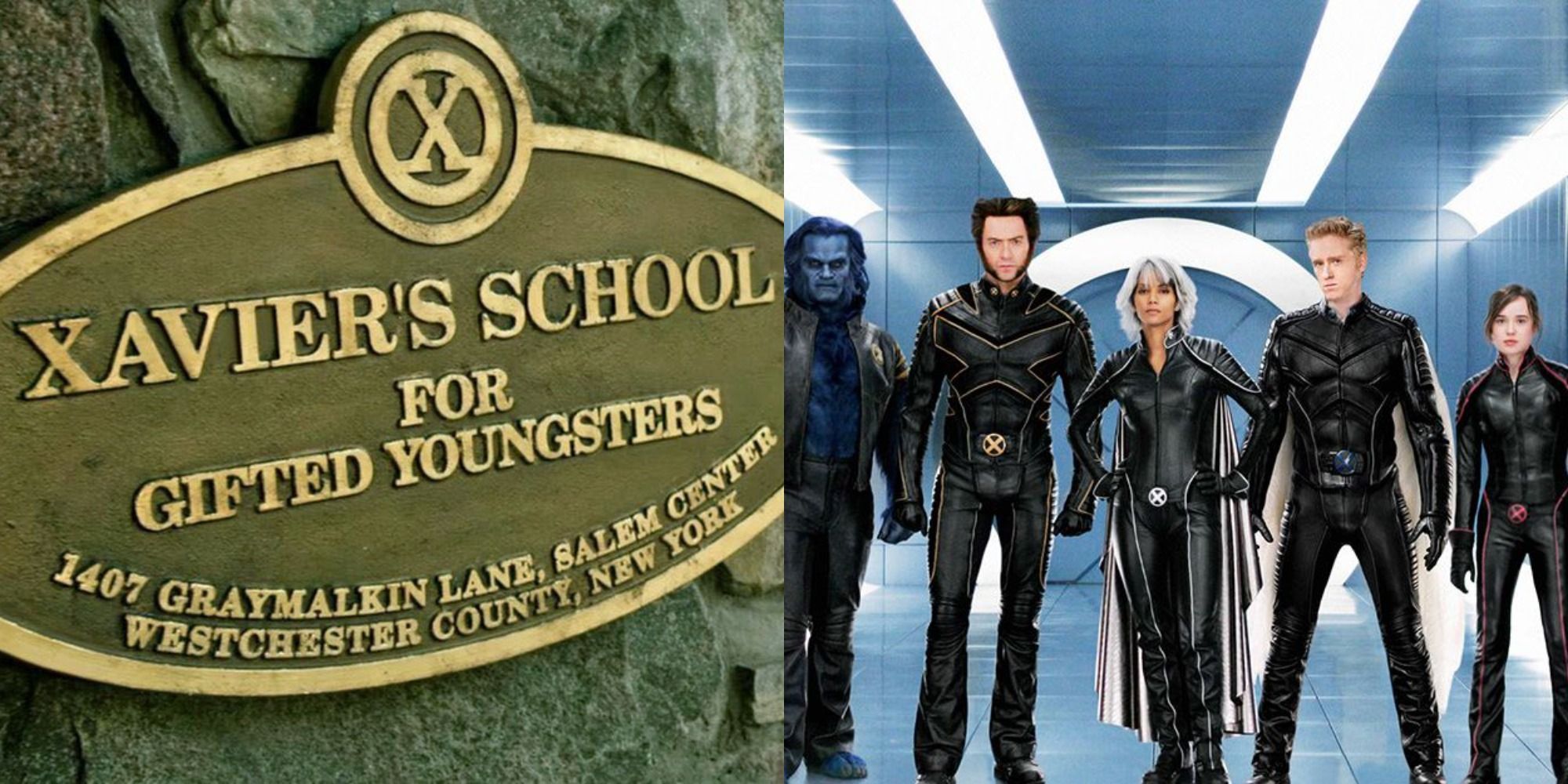 Split image showing the plaque for Xavier's School for Gifted Youngsters and the X-Men as seen in The Last Stand