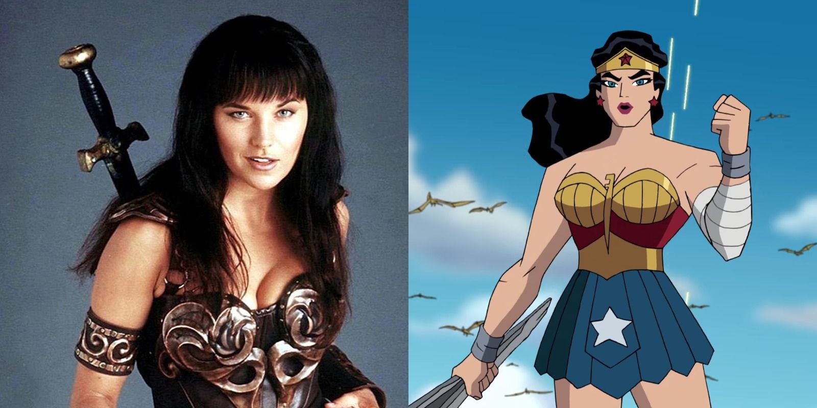 Xena smirking at the camera and Wonder Woman returning to battle in Justice League The New Frontier