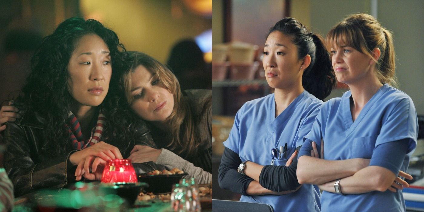A split image of Cristina and Meredith hugging at the bar and them scowling at in Grey-Sloan Memorial in Grey's Anatomy