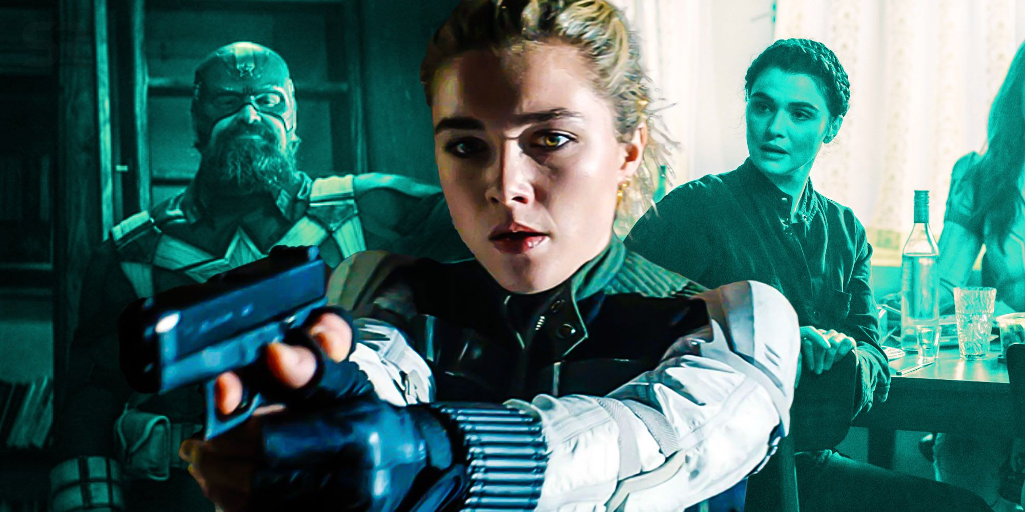 Custom image of Yelena pointing a gun with Red Guardian and Milena in background