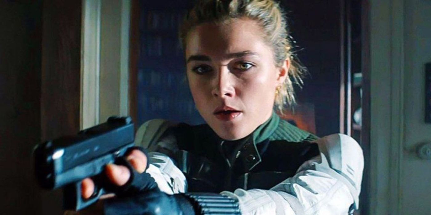 Yelena pointing a gun in Black Widow.