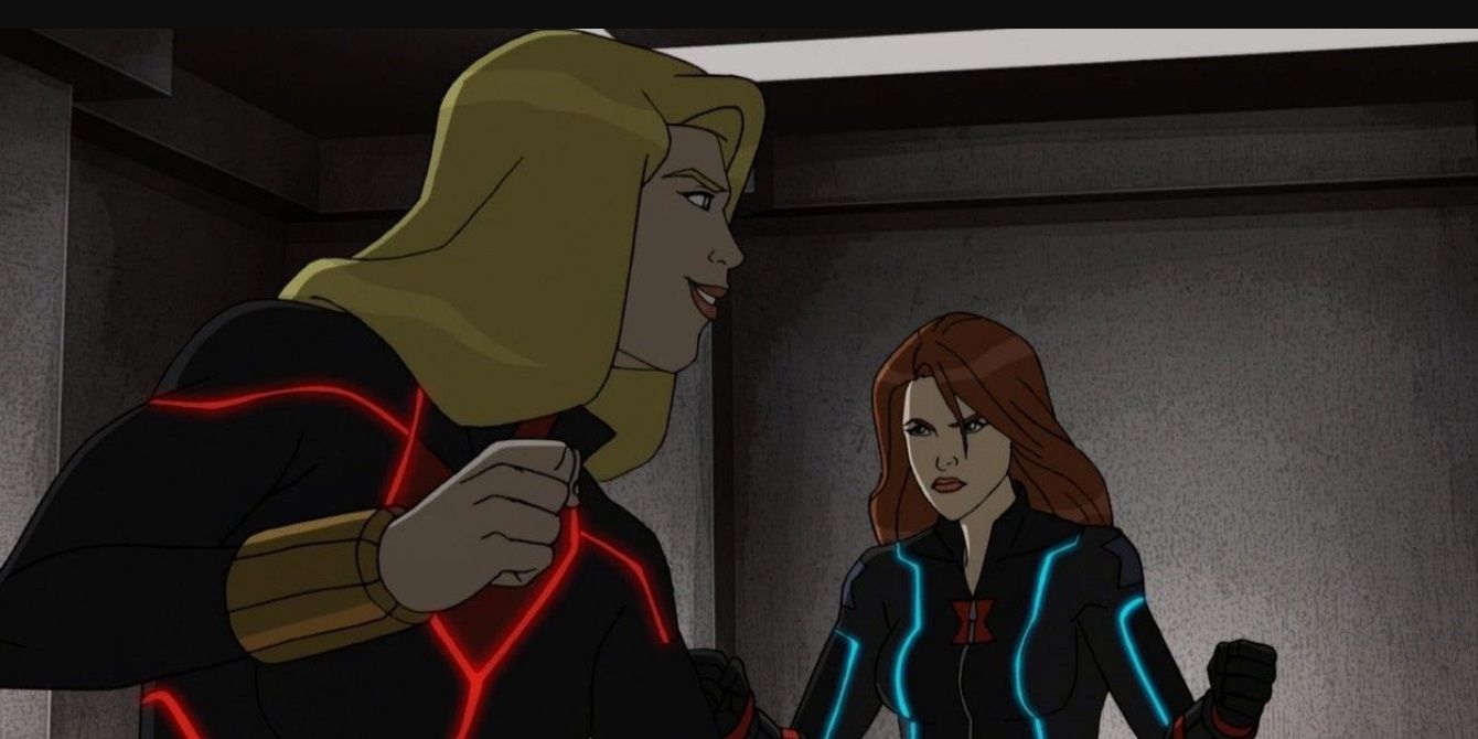 The animated versions of Yelena and Natasha fight in Avengers Assemble