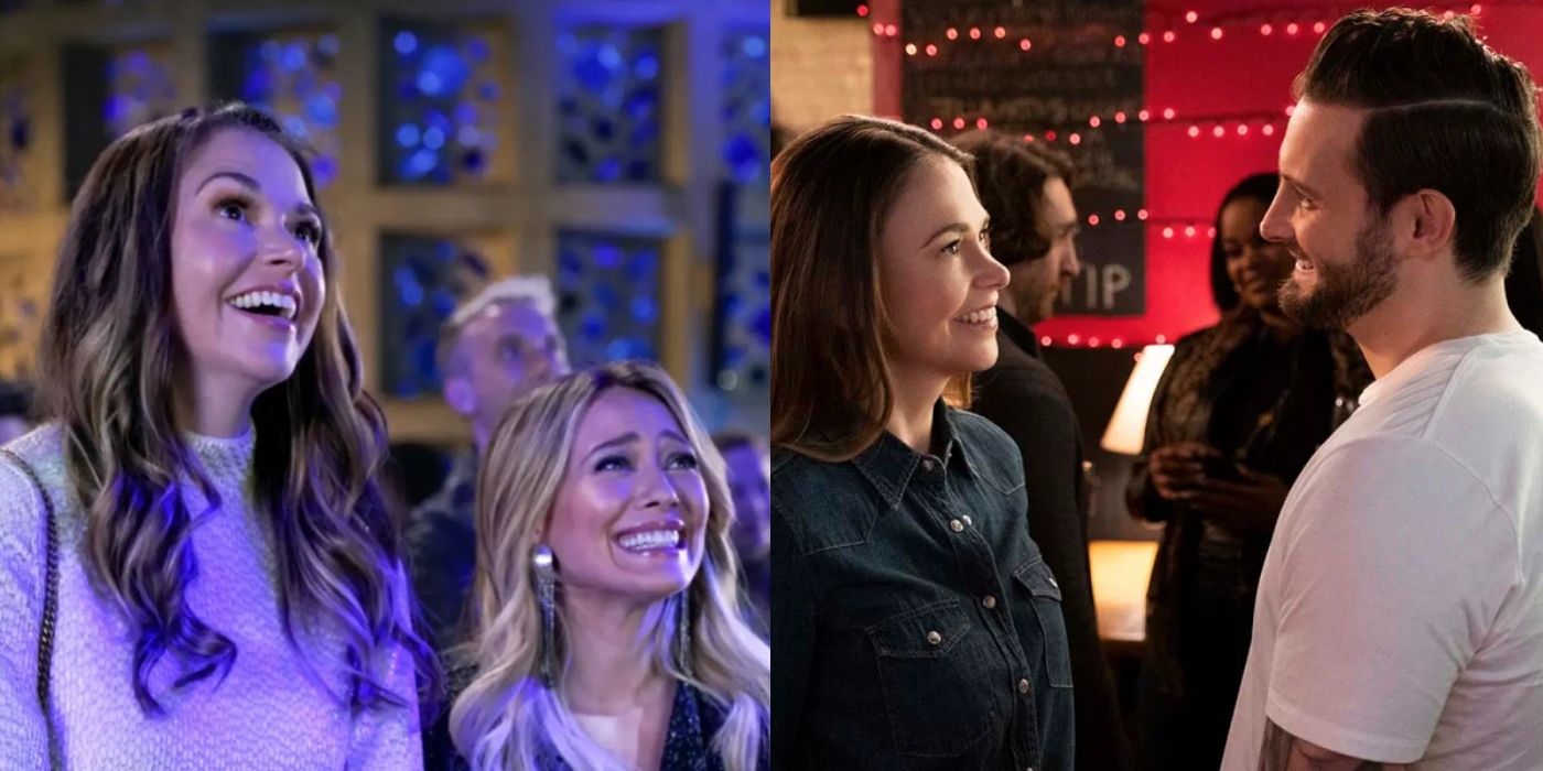 Split featured image of Liza and Kelsey standing together and Liza talking to Josh at a bar on Younger