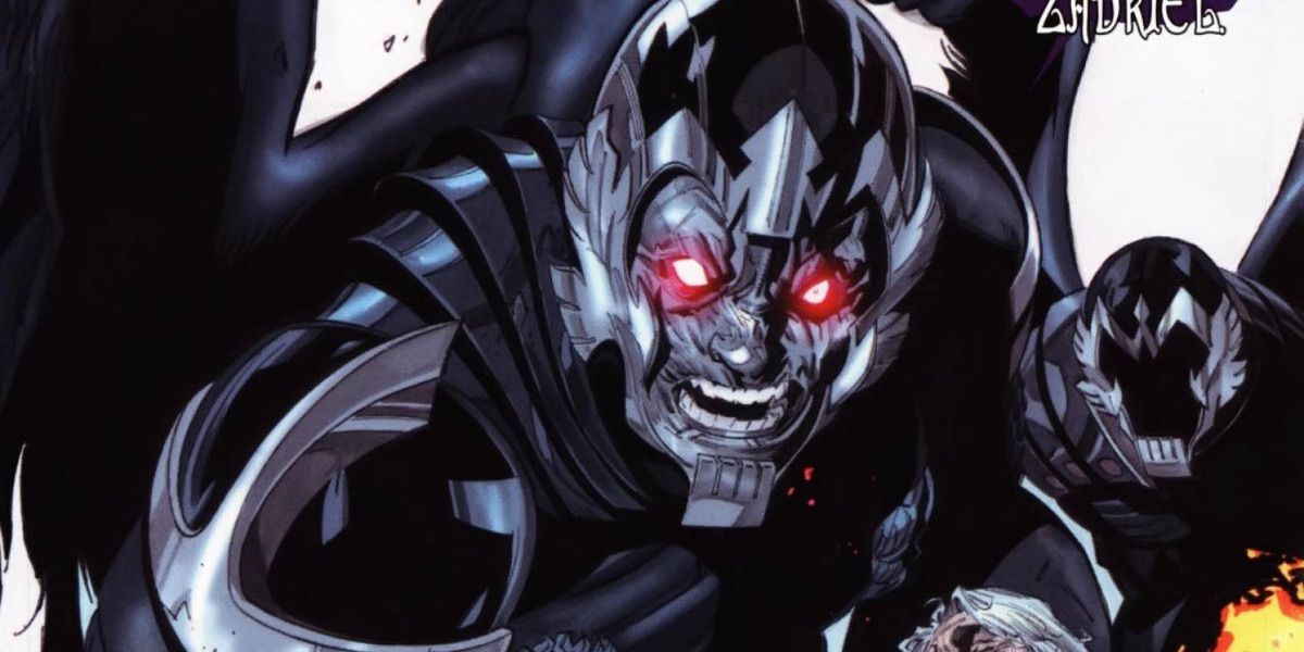 Zadkiel with glowing red eyes in the comics