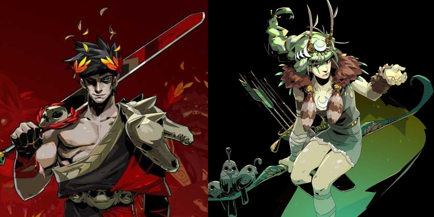 Split image of Zagreus and Artemis from the game Hades