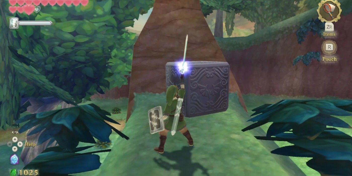 Link raising his sword in front of a stone block in Skyward Sword HD