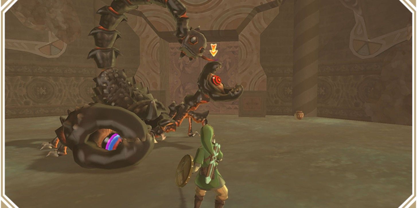 Link faces scorpion esque monster in dungeon 