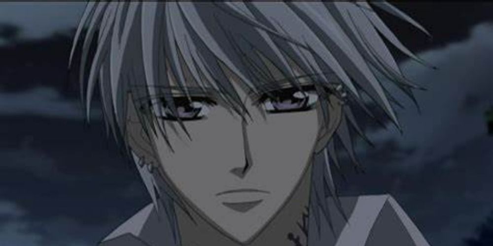 Zero Kiryu from Vampire Knight standing outside at night, hair blowing in the wind