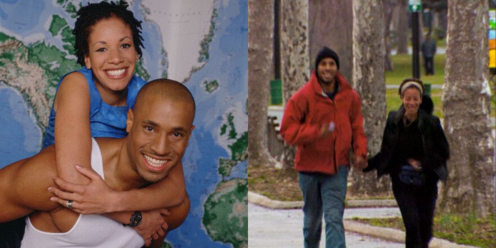 Split image: The Amazing Race season 1 contestants Frank and Margarita in a promotional image, Frank and Margarita running down a street