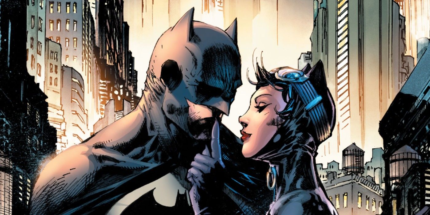 Batman and Catwoman looking at each other