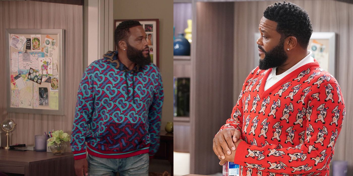 Split image of Dre from Black-ish wearing a blue and red hoodie and a red jumper with a pig pattern