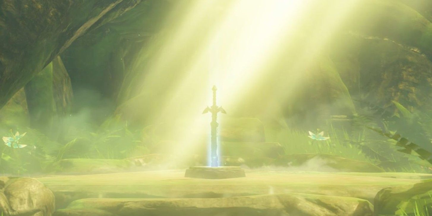 The master sword in its pedestal from Zelda Breath of the Wild 