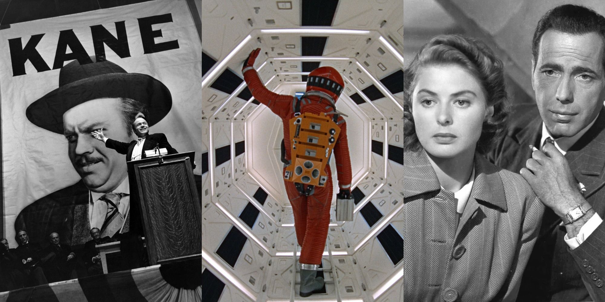 combined images from Casablanca, Citizen Kane, and 2001 A Space Odyssey featuring the main stars