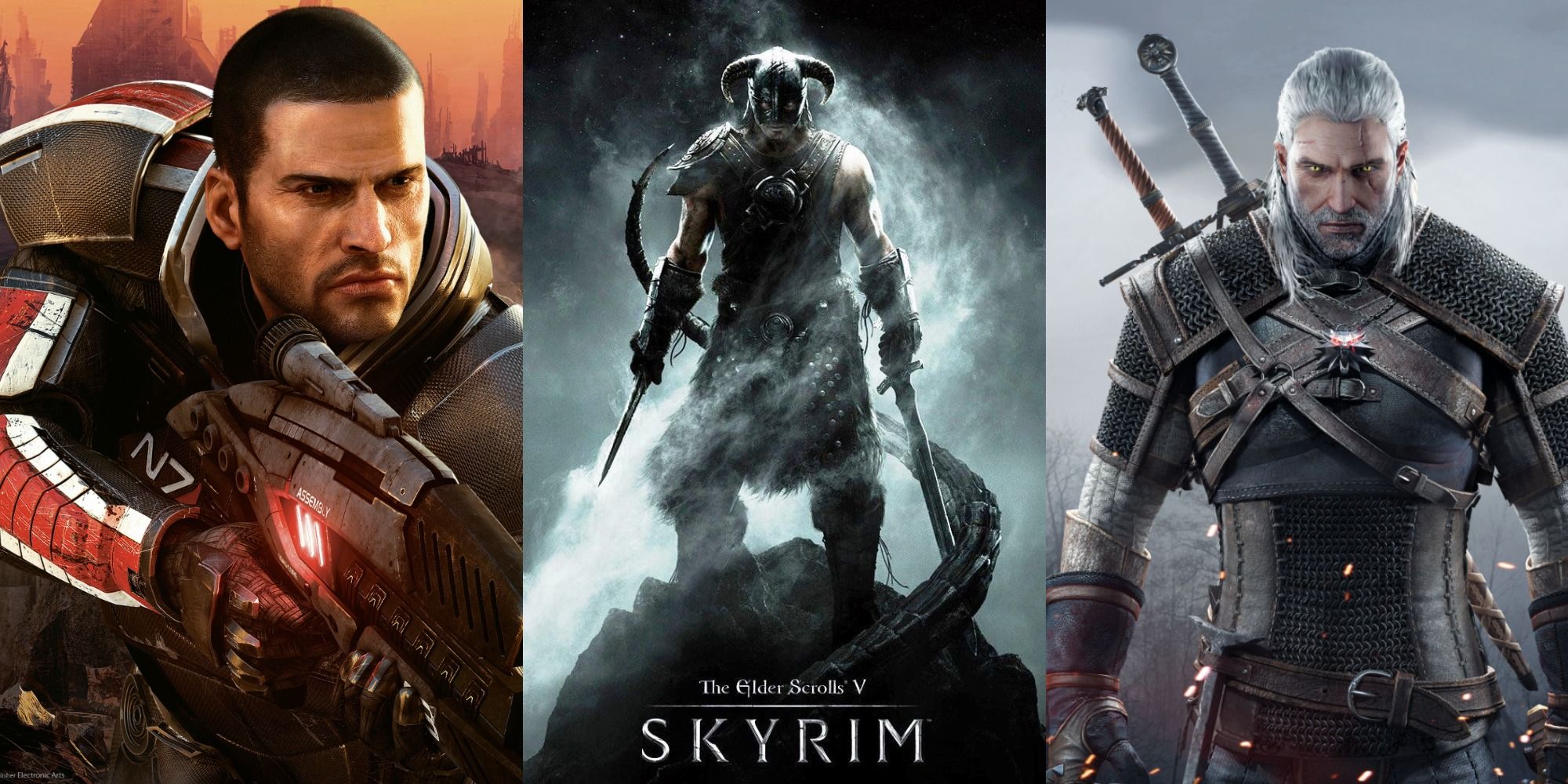 A split image of Commander Shepherd in Mass Effect 2, the Dragonborn in Skyrim, and Geralt in The Witcher 3