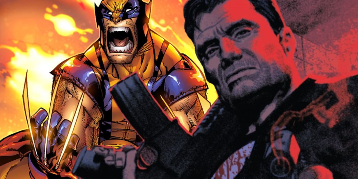 comic book wolverine screaming behind frank castle's punisher