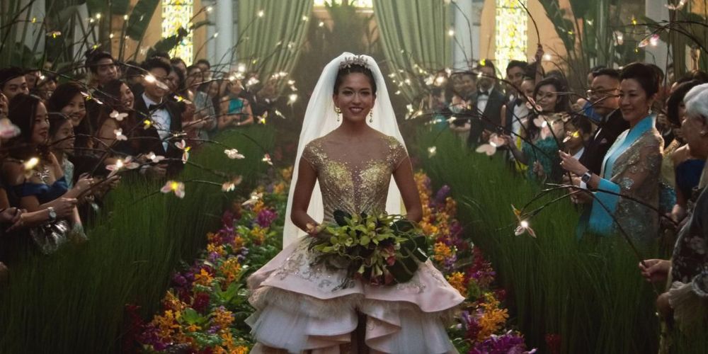 Rachel walking the wedding aisle in Crazy Rich Asians