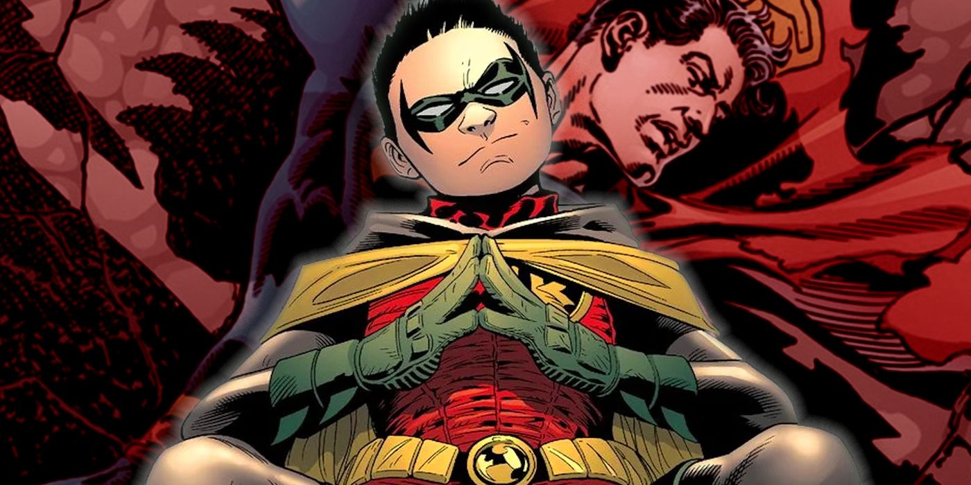 Damian Wayne's Robin with a dead Superman.