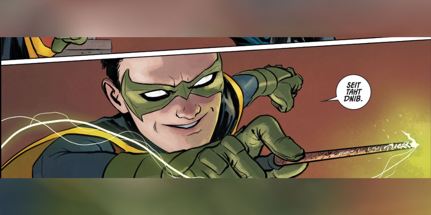 Damian Wayne's Robin using magic against Gotham Girl in Batman #77.