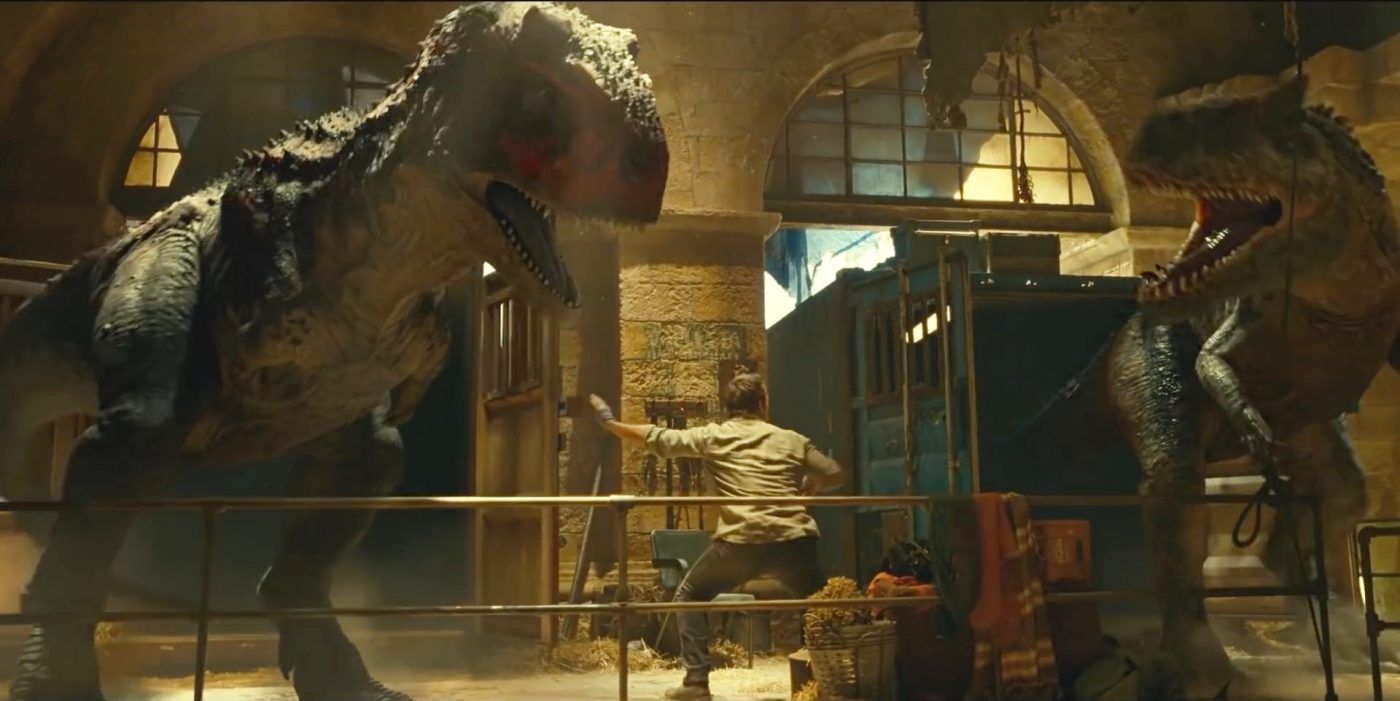 The Carnotaurus attacking in Jurassic World.