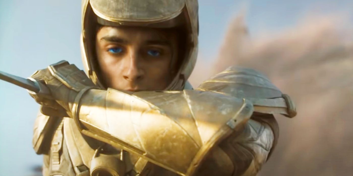 dune movie trailer timothée chalamet gets blue eyes wears gold armor