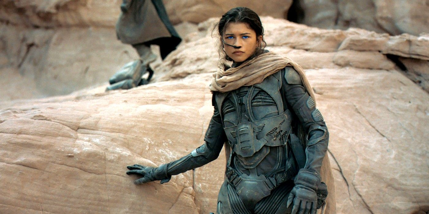 Chani looking worried as she leans on a rock in Dune (2021).