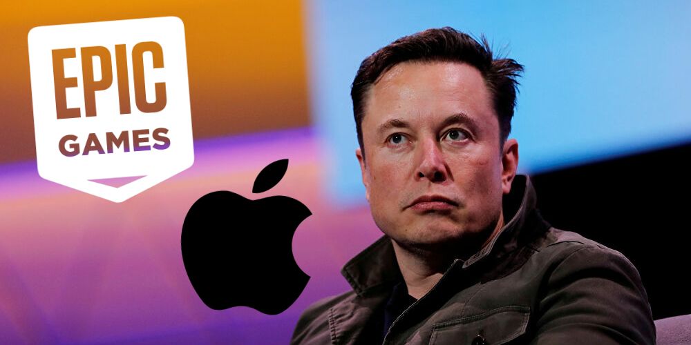 Picture of Elon Musk with logos for Epic Games and Apple