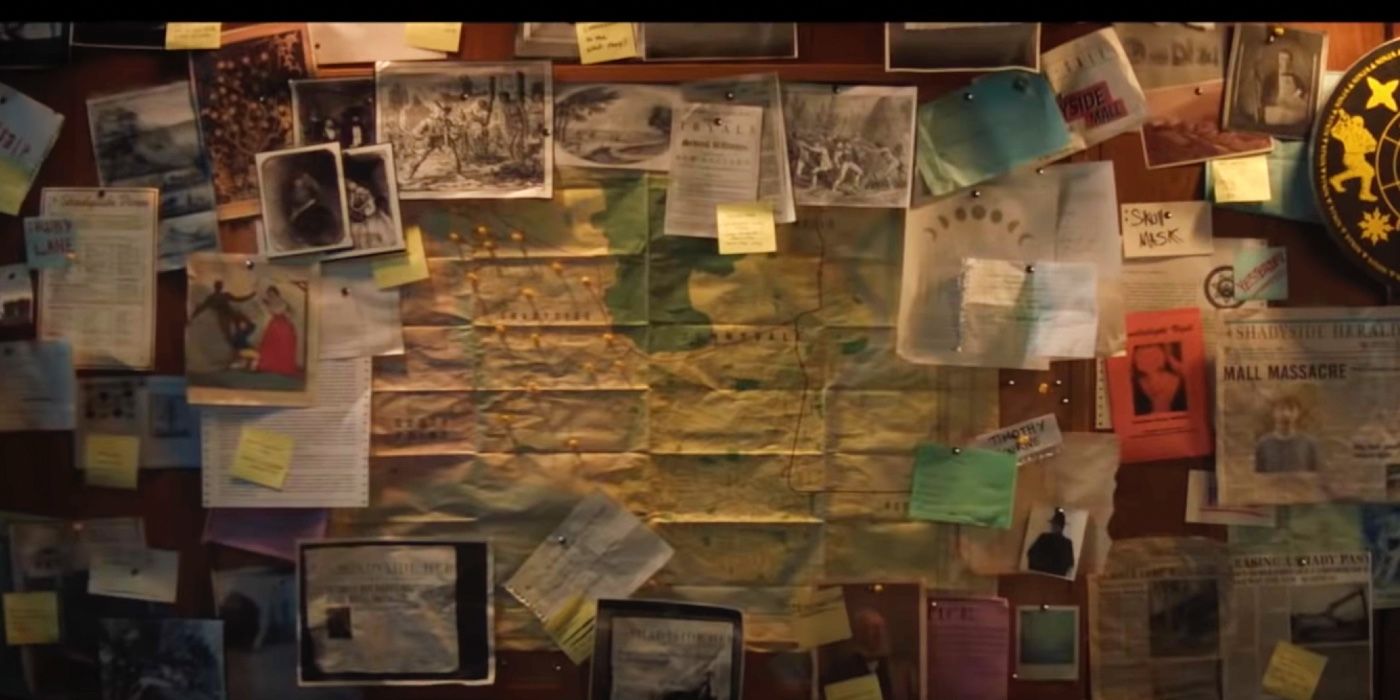 Josh's newspaper clipping wall is covered in post it notes, missing person flyers, and push pins in Fear Street 1994