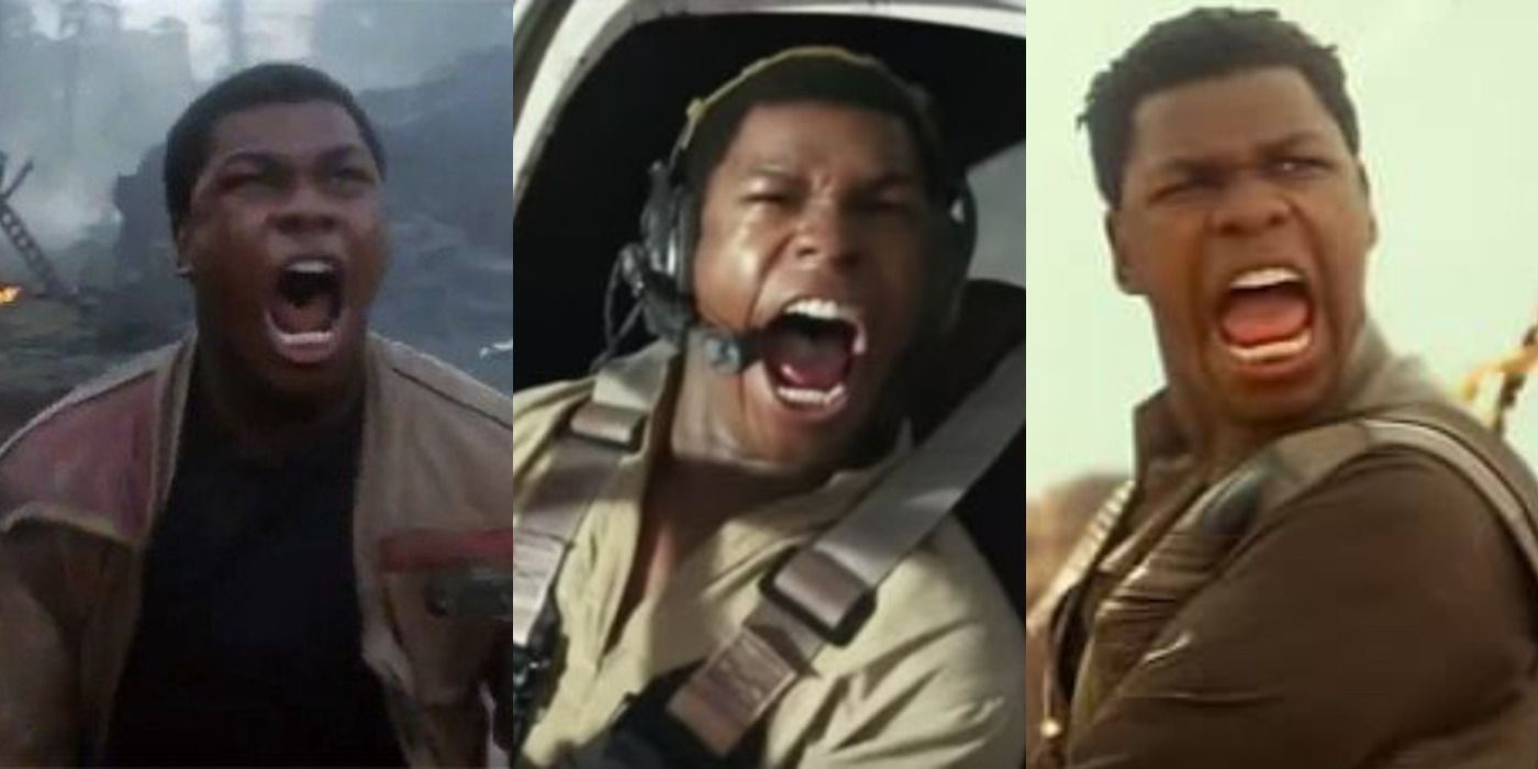 Finn (John Boyega) yeling in Star Wars: The Force Awakens, Star Wars: The Last Jedi, and Star Wars: The Rise of Skywalker