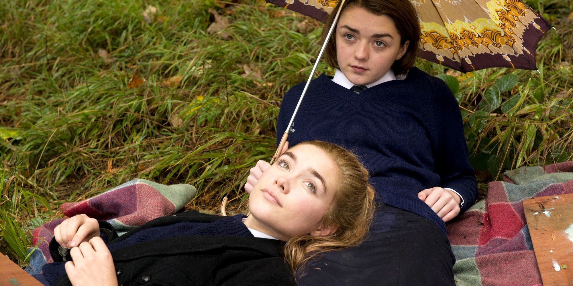 florence pugh as abbie mortimer and maisie williams as lydia lamont in the falling