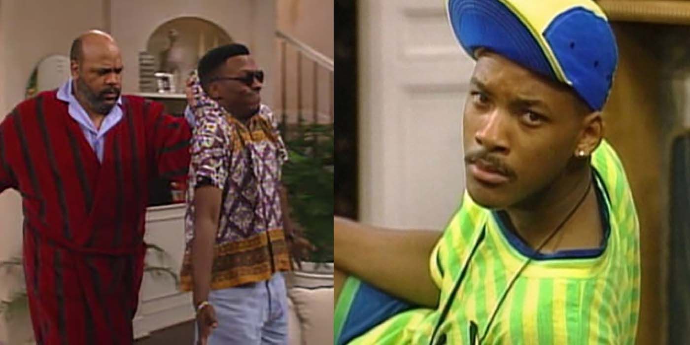 Split image of Uncle Phil and Jazz and Will from Fresh Prince Bel-Air.