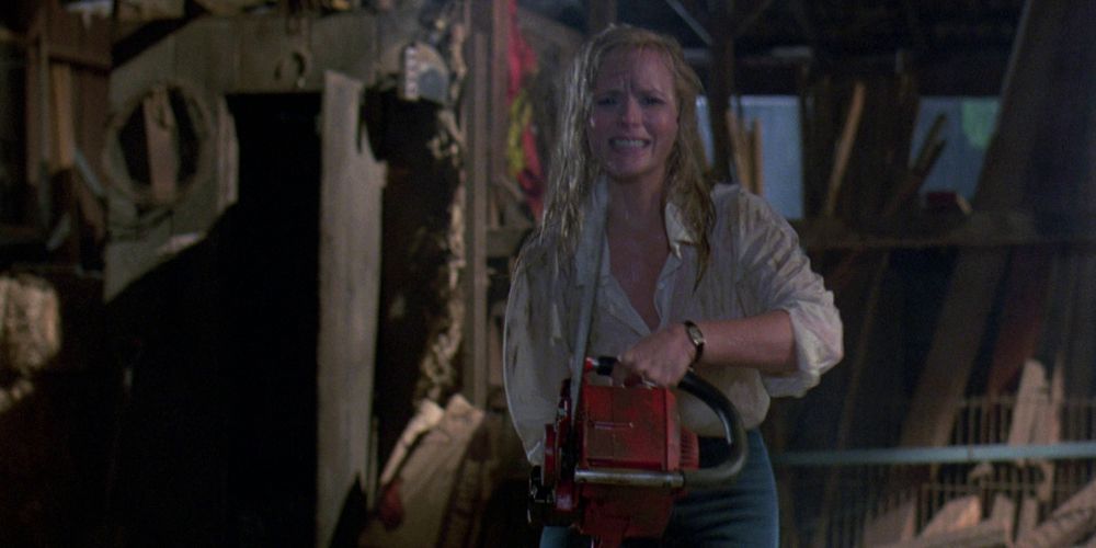 Pam holds chainsaw in Friday the 13th V: A New Beginning
