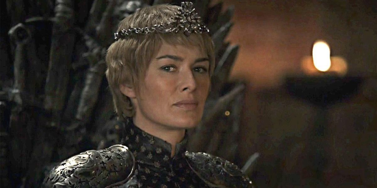 Cersei Lannister sits on the Iron Throne and looks to her right in Game of Thrones