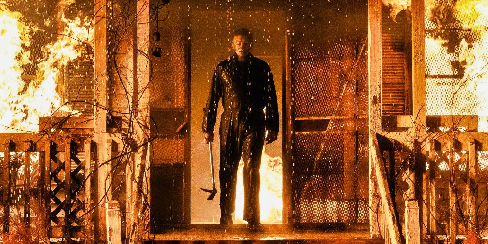 Michael Myers walks out of a burning house
