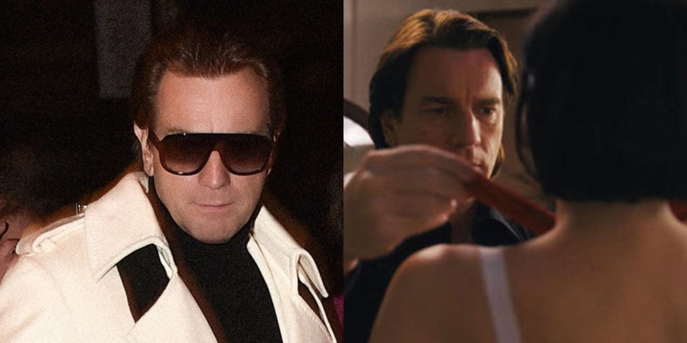 Split image of Ewan McGregor as Halston looking and clothing a woman.