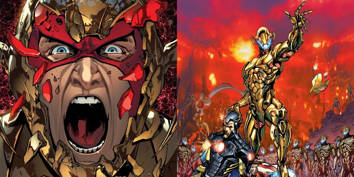 Hank Pym screaming on the cover of Age of Ultron Vol 1 #10 AI beside Ultron standing victorious holding Iron Man's mask